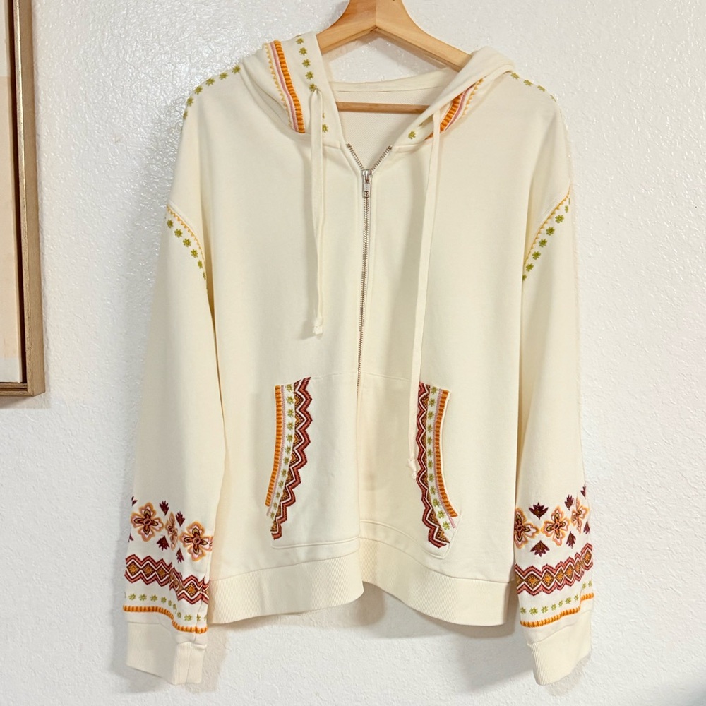 Driftwood Cotton Sweatshirt Zip Jacket Embroidered Teddy Hoodie Ivory size XL - Picture 3 of 14